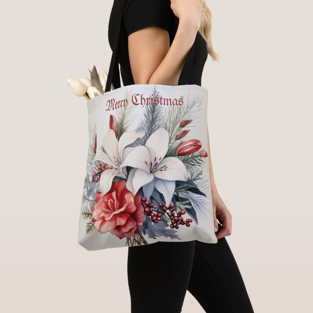 Christmas White Red Flowers Holidays Elegant Tote Bag (Close Up)