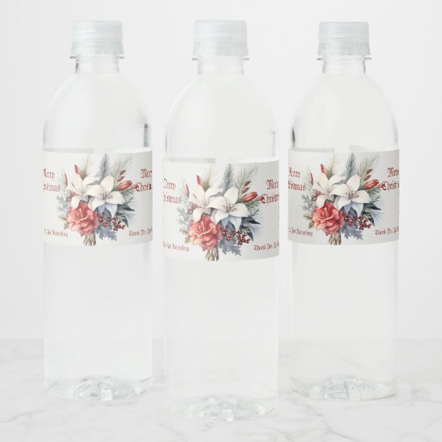 Christmas White Red Flowers Holidays Elegant Water Bottle Label (Bottles)
