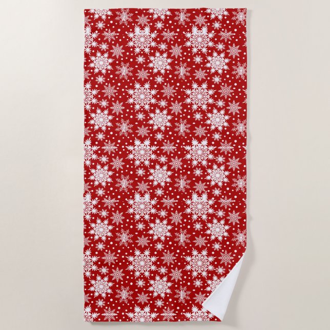 Christmas White & Red Snowflake Seamless Pattern  Beach Towel (Front)