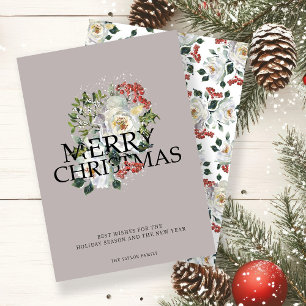Christmas White Rose Flower Personalised Holiday Card