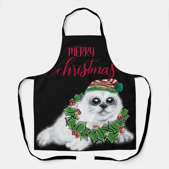 Christmas white seal pup, festive Arctic animal  Apron (Front)