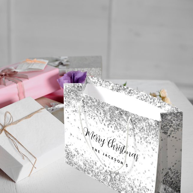 Christmas white silver sparkles name large gift bag (Creator Uploaded)