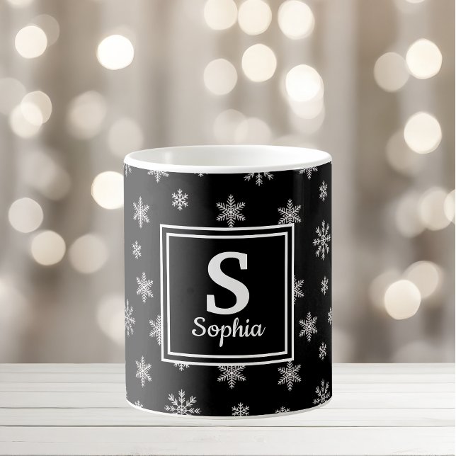Christmas white snowflakes black monogram coffee mug (Creator Uploaded)