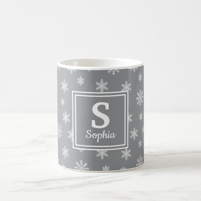 Christmas white snowflakes Grey monogram Coffee Mug (Center)