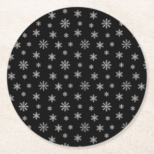 Christmas white snowflakes modern pattern black round paper coaster
