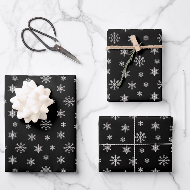 Christmas white snowflakes on black background wrapping paper sheet (Front)