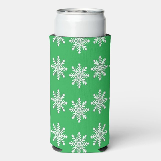 Christmas white snowflakes on green seltzer can cooler (Seltzer Back)