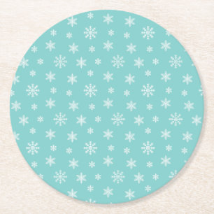 Christmas white snowflakes pattern turquoise round paper coaster