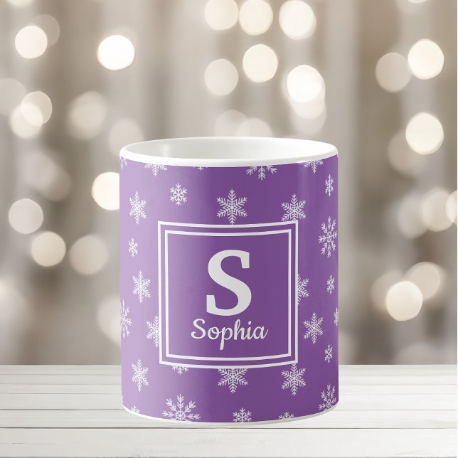 Christmas white snowflakes Purple monogram Coffee Mug (Creator Uploaded)