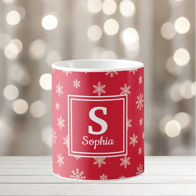 Christmas white snowflakes Red monogram Coffee Mug (Creator Uploaded)