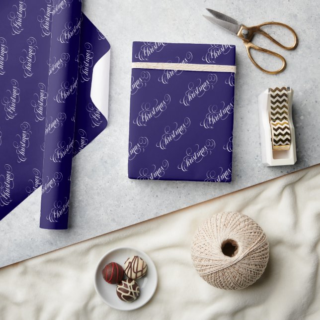 Christmas White Typography Pattern Blue Wrapping Paper (Crafts)