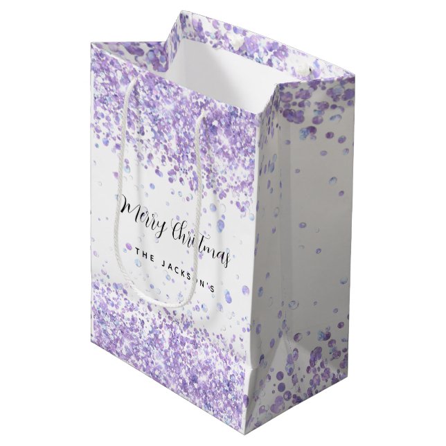 Christmas white violet sparkles name medium gift bag (Front Angled)