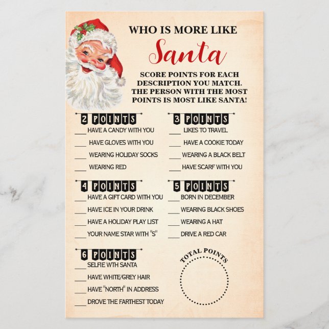 Christmas Who is Most Like Santa Game Card (Front)