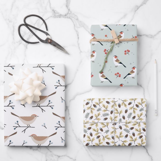 Christmas Wild Birds and Branches Pattern Wrapping Paper Sheet (Front)
