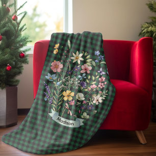 Christmas wild flower green baffalo plaid monogram fleece blanket