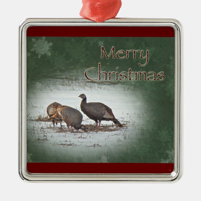 Christmas Wild Turkey in Snowy Field Metal Tree Decoration (Front)