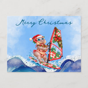 Christmas Windsurfing Hippo Tropical Beach Party Holiday Postcard