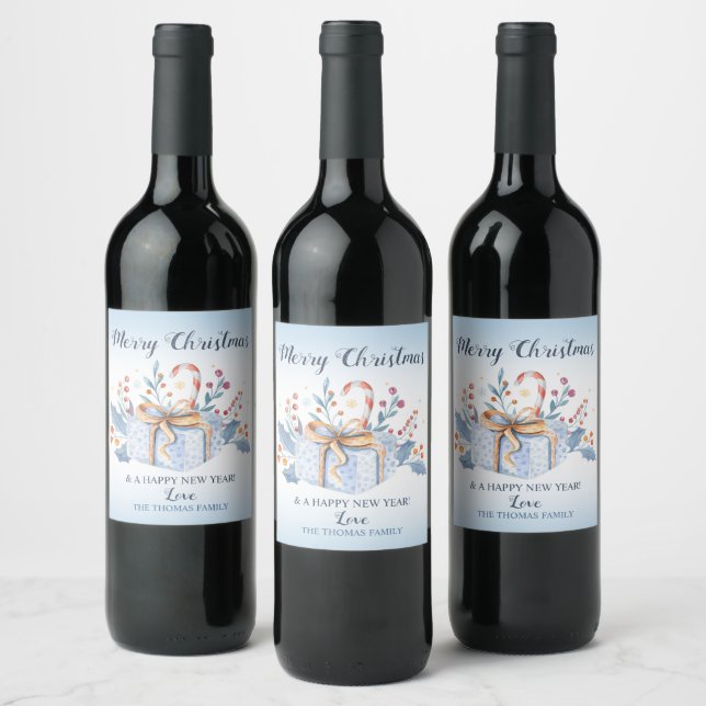 Christmas Wine Bottle Label Blue Present (Bottles)