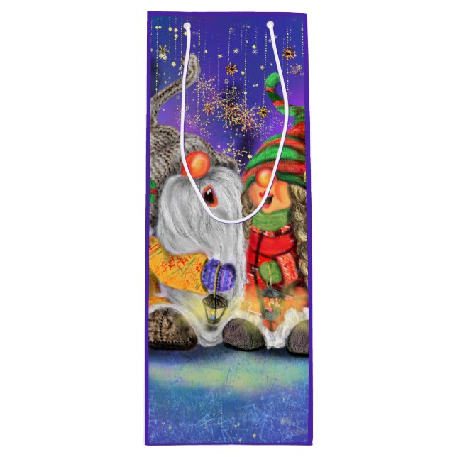 Christmas Wine Gift Bag Couple Gnomes Singing (Front)