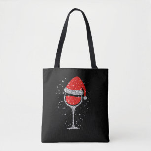 Christmas Wine Glass Snowflakes Santa Hat Red Wine Tote Bag