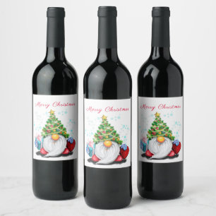 Christmas Wine Label Happy Gnome with Gift