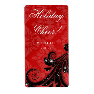 Christmas Wine Label Red Damask Black Swirl