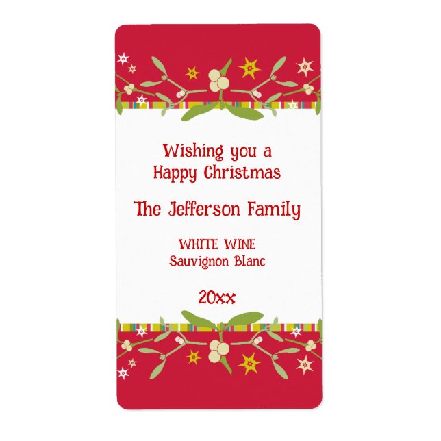 Christmas wine personalised label mistletoe red (Front)