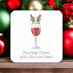 Christmas Wine Pouring Cheer with Santa's Deer  Square Paper Coaster