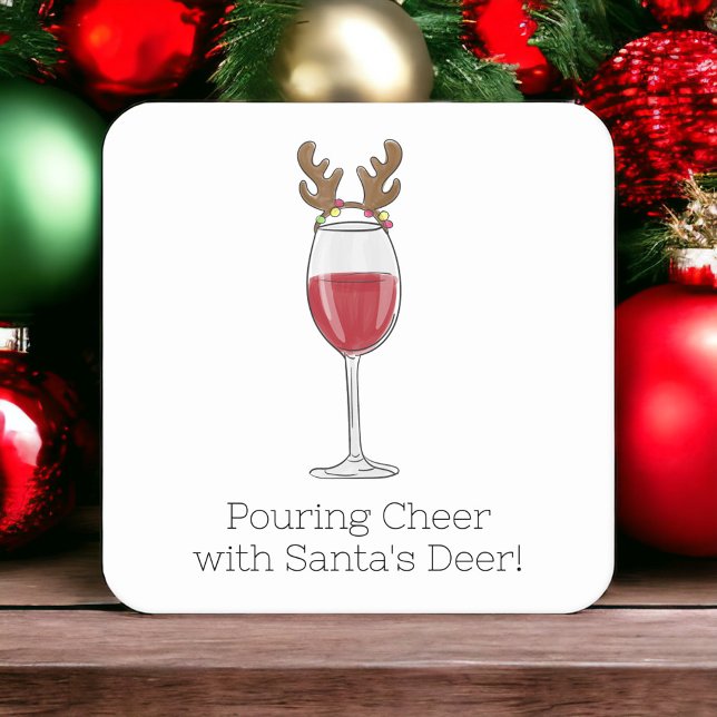 Christmas Wine Pouring Cheer with Santa's Deer  Square Paper Coaster (Creator Uploaded)