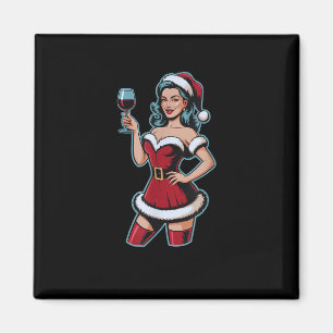 Christmas Wine Santa Girl Holiday Party Funny Vint Magnet