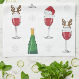 Christmas Wine Santa Reindeer Snowflake Tea Towel