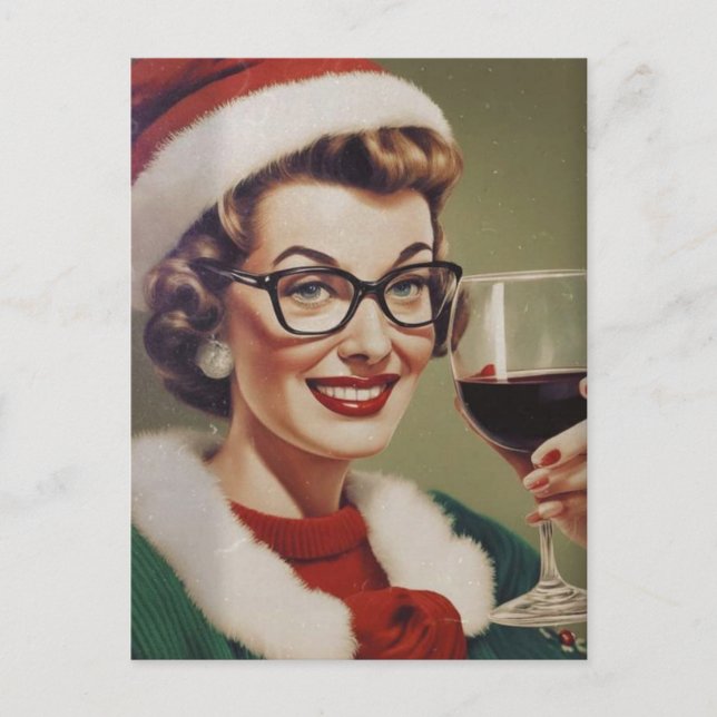 Christmas Wine Vintage Woman Santa Hat Postcard (Front)