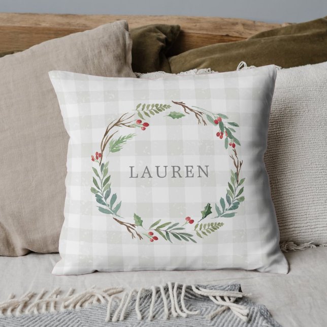 Christmas Winter Berries Wreath Custom Name Cushion (Creator Uploaded)