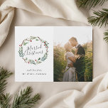 Christmas Winter Berries Wreath Married Christmas Holiday Card<br><div class="desc">Custom-designed newlywed holiday photo card featuring "married Christmas" modern hand calligraphy design encircled in an elegant watercolor Christmas wreath with winter greenery and red berries.</div>