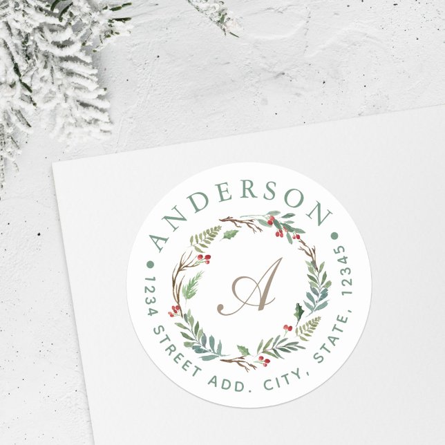 Christmas Winter Berries Wreath Monogram Address Classic Round Sticker (Creator Uploaded)