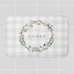 Christmas Winter Berries Wreath Monogram Bath Mat<br><div class="desc">Custom-designed bath mat for the holidays featuring watercolor Christmas wreath design on rustic modern farmhouse buffalo check pattern.</div>