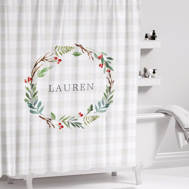 Christmas Winter Berries Wreath Monogram Shower Curtain (Creator Uploaded)
