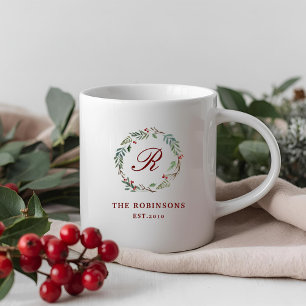 Christmas Winter Berry Wreath Family Name Monogram Coffee Mug