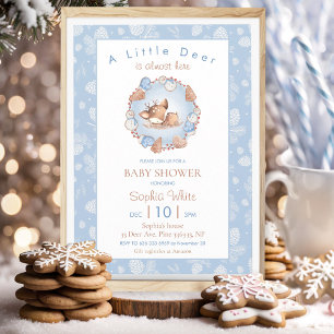 Christmas Winter Blue Deer Pine Cone Baby Shower Invitation
