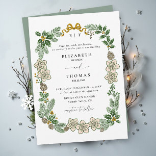 Christmas Winter Botanical Sage Green Gold Wedding Invitation