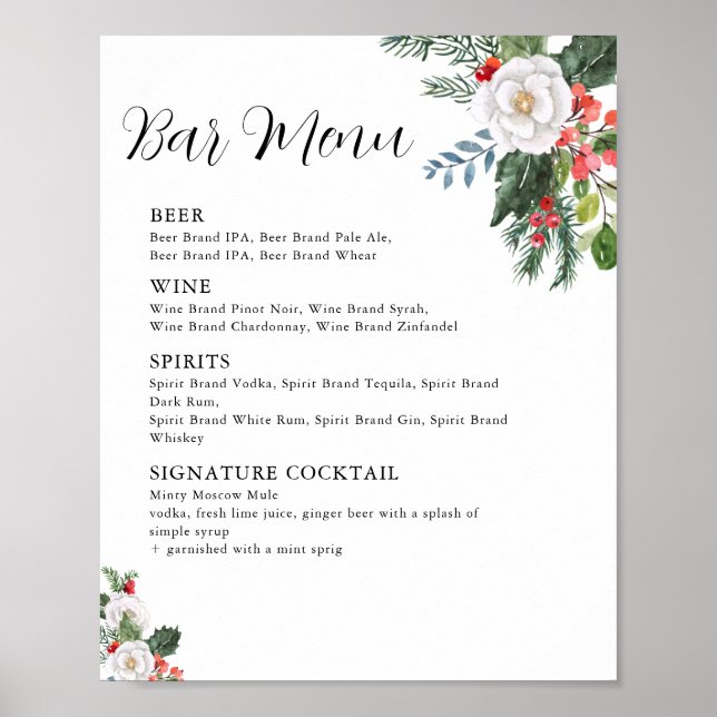 Christmas Winter Bridal Shower Bar Menu Poster (Front)
