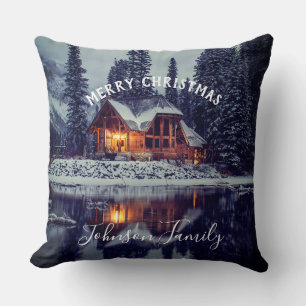 Christmas Winter Cabin By The Lake Cushion