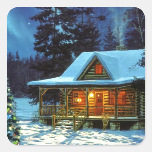 Christmas Winter Cabin Square Sticker (Front)