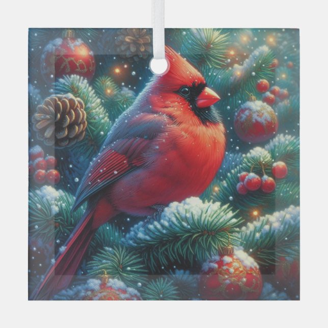 Christmas/winter Cardinal  Glass Tree Decoration (Front)