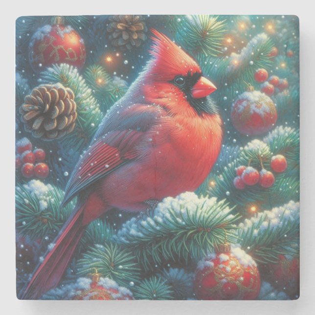 Christmas/winter Cardinal  Stone Coaster (Front)