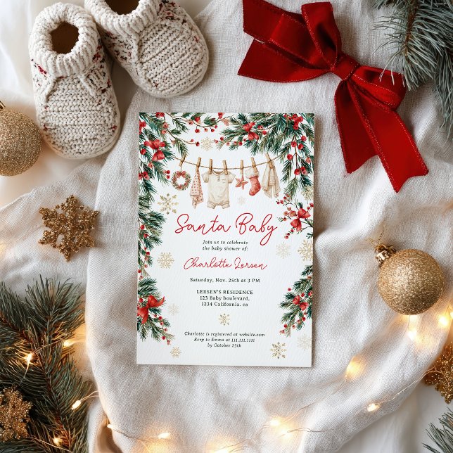  Christmas Winter Clothesline Santa Baby Shower Invitation (Christmas Winter Clothesline Santa Baby Shower Invitation)