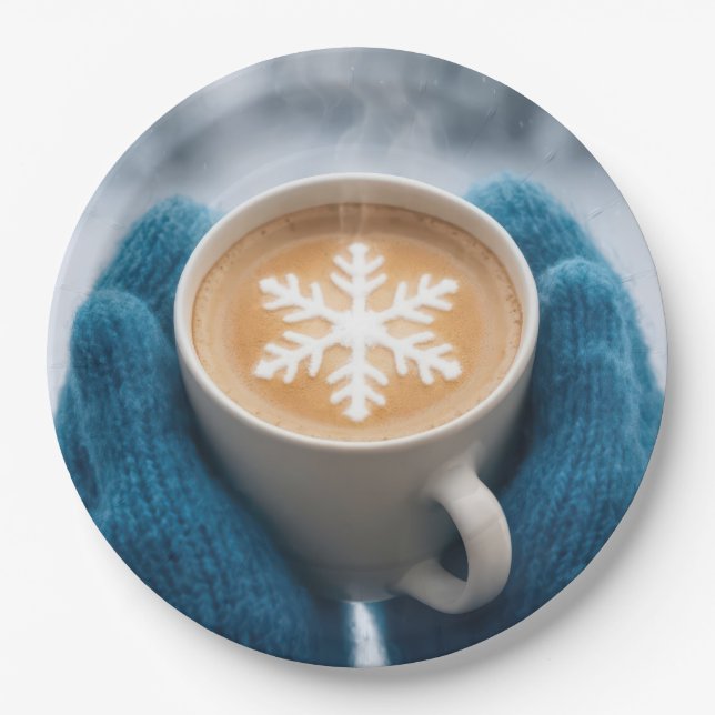 Christmas Winter Coffee With Mittens and Snowflake Paper Plate (Front)