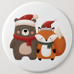 Christmas/Winter Cute Bear & Fox 6 Cm Round Badge
