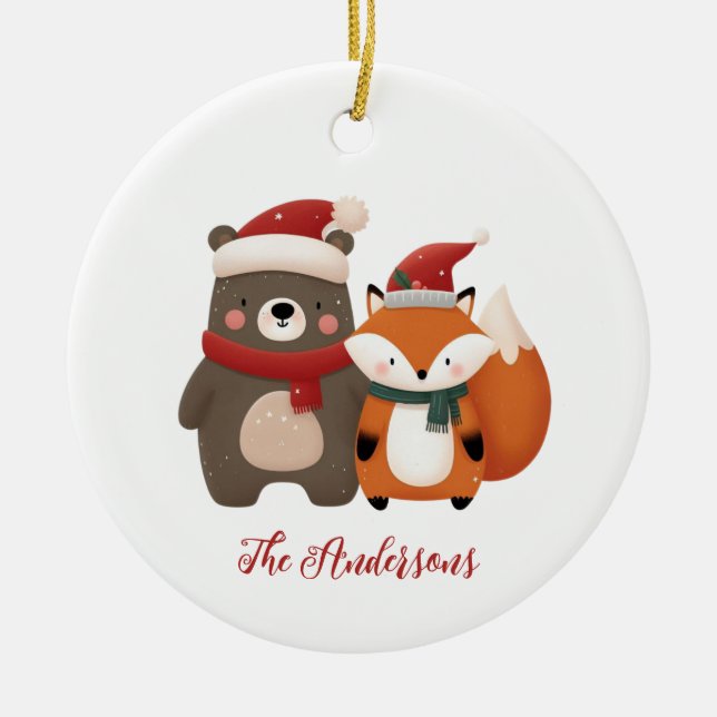 Christmas/Winter Cute Bear & Fox Ceramic Tree Decoration (Front)
