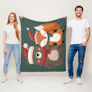 Christmas/Winter Cute Bear & Fox Fleece Blanket